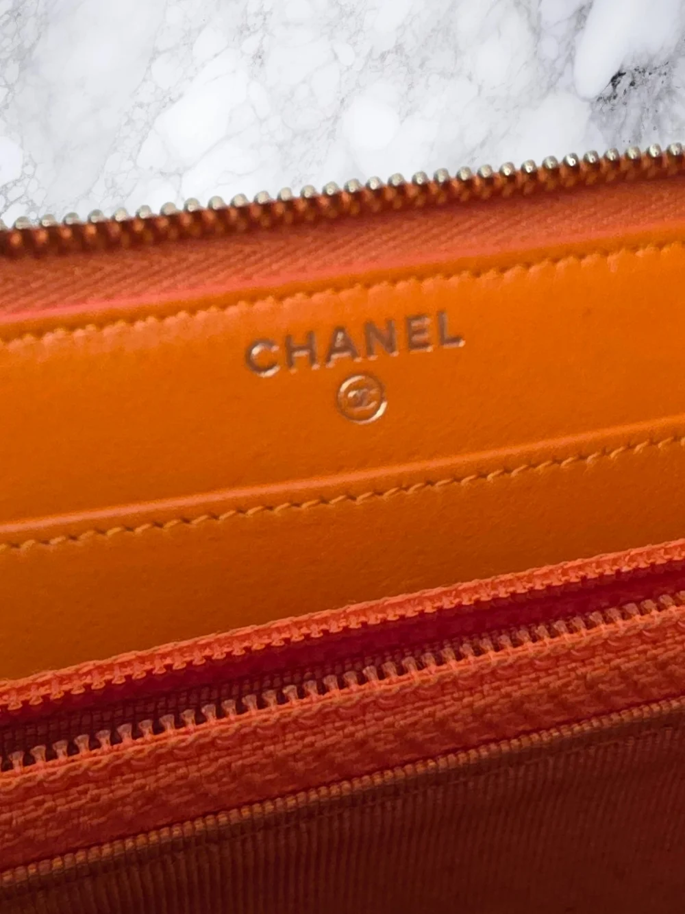 Chanel Burnt Orange Python Snakeskin Zip Around Wallet CC Logo Exotic Leather